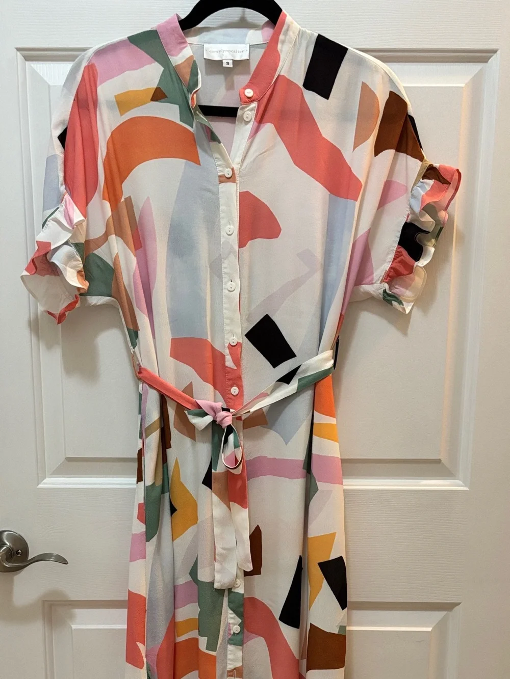 Corey Lynn Calter Abstract Print Button-Front Shirtdress Ruffle Hem Small ._3